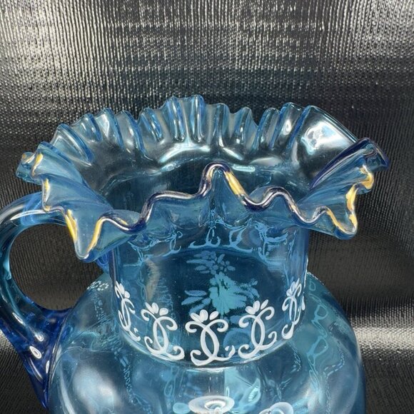 Antique Victorian Glass Pitcher Blue Enameled Crimped Rim Manganese 365nm Glow - Picture 12 of 16